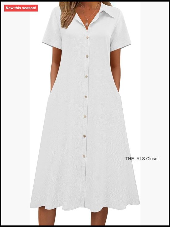 Dresses & Skirts - Button Down Shirt Dress A-Line Midi Sundress Short Sleeve Travel Cover Up